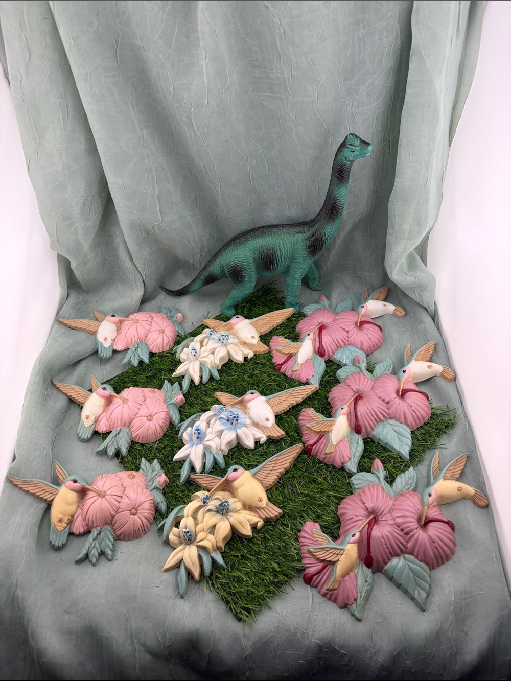 Vintage 1990s Burwood Products Plastic Hummingbird and Flower Wall Art |set of 9
